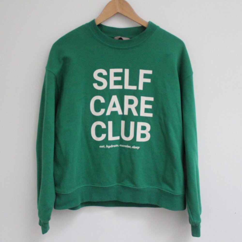 H&M “Self Care Club” Green Crewneck Sweatshirt – Motivational Graphic Pullover